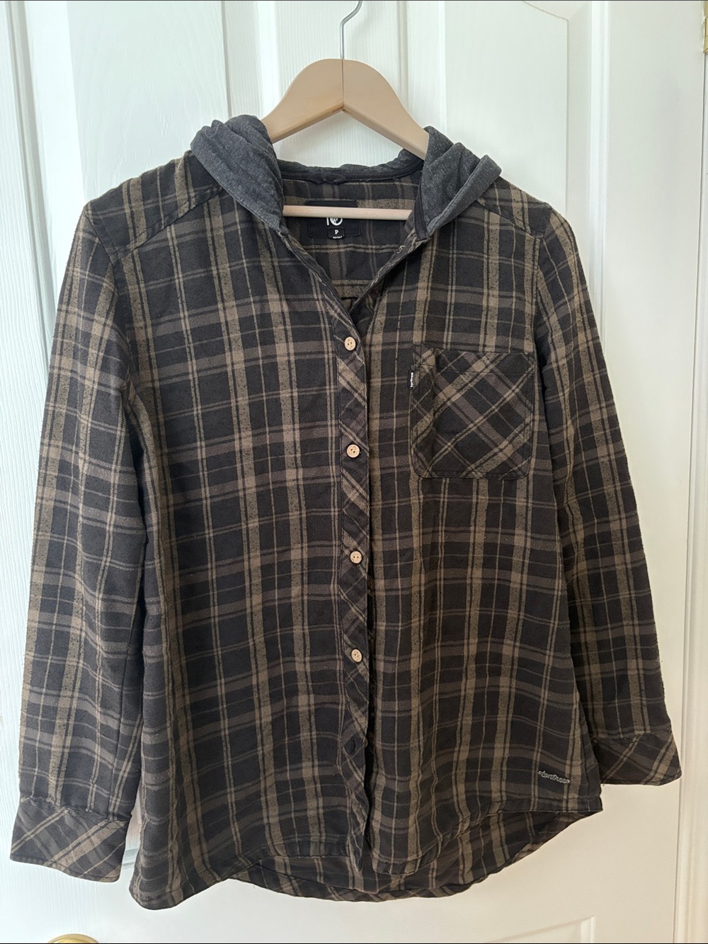 tentree Olive Green and Charcoal Plaid Hooded Button-Down Shirt